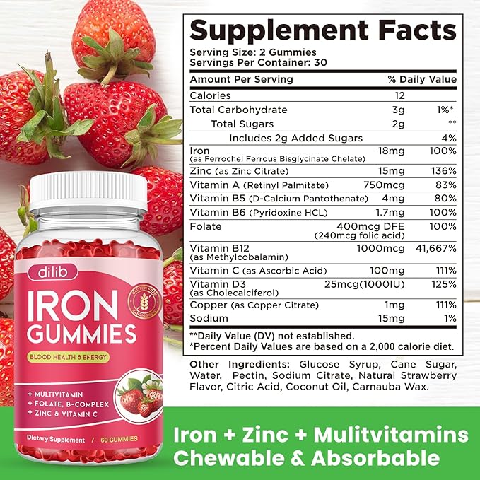 2 Pack Iron Gummies with Multivitamin, Iron Supplement for Women & Men with Zinc, Vitamin B Complex & C, B12, Folate - Blood Builder & Energy Support for Adults & Kids - Strawberry Flavor, Vegan 120ct