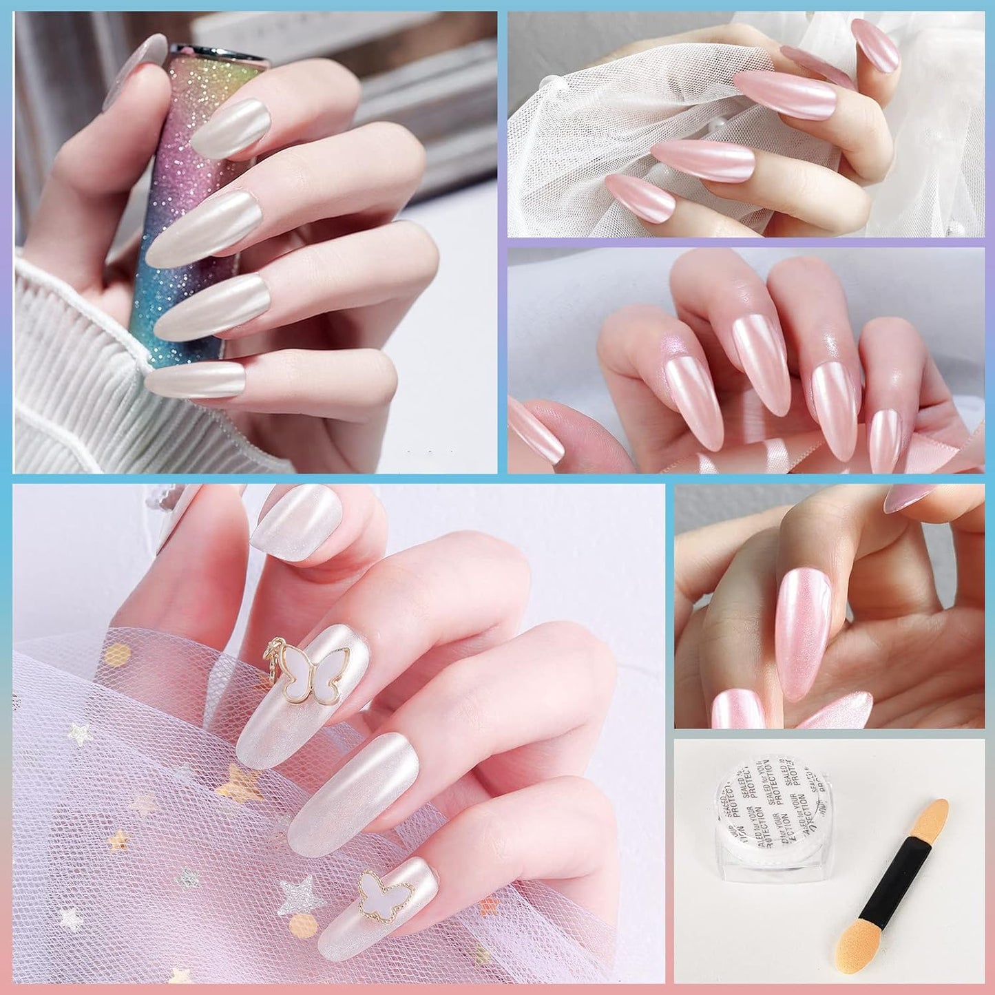 Artdone 2PCS White Pearl Chrome Nail Powder,Iridescent Aurora Powder Metallic Mirror Effect Pigment Pearlescent Mermaid Pigmen for Nail Art Manicure Decoration Sets