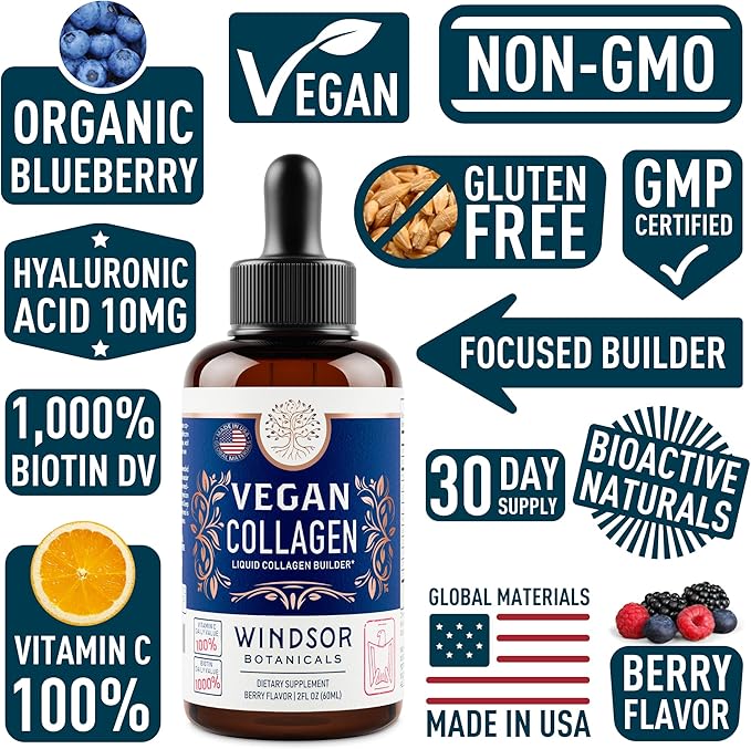 Vegan Collagen Builder Liquid Supplement - Collagen Booster with Vitamin C, Biotin, Hyaluronic Acid & Amino Acids - Vegetarian Collagen for Women, Organic Fruit & Vegetable Blend - 120ml, 60 Day