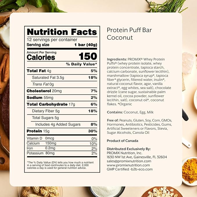 Promix Protein Puff Bars, 12-Pack - Coconut - Marshmallow Crispy Treat - Great Tasting & Healthy On The Go Snack - High Protein & Low Calorie - Non-GMO & Free From Gluten, Soy, & Corn