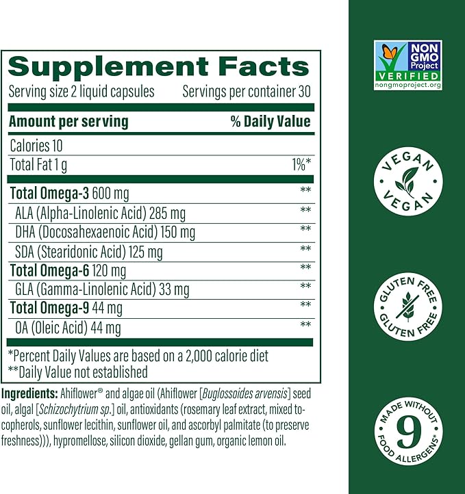MegaFood Vegan Omega 3 6 9 - Burp-less Omega 3 Supplement - 600 mg Plant-Based Omega-3 & 150 mg DHA Per Serving - Heart, Brain, Vision & Joint Support - Fish Oil Alternative - 60 Capsules, 30 Servings