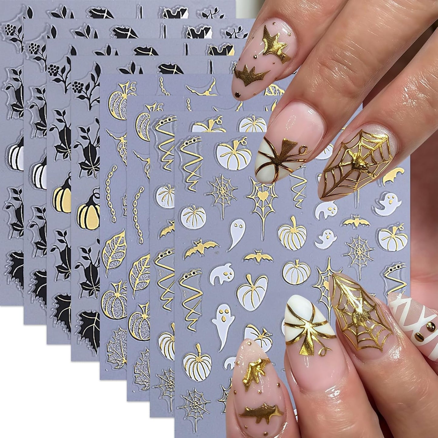 8 Sheets Halloween Nail Stickers Nail Decals 3D Self-Adhesive Glitter Pumpkin Ghost Nail Supplies Gold Heart Spider Web Bat Black Leaf Nails Design Nail Decor for Halloween Party DIY Manicure Supplies