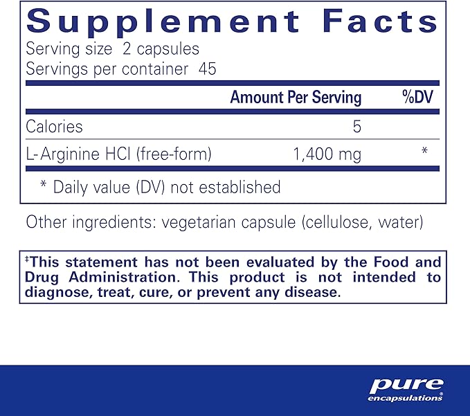 Pure Encapsulations L-Arginine - 1,400 mg - Support Nitric Oxide Production - Heart Health & Blood Flow - Gluten Free & Non-GMO - 90 Capsules