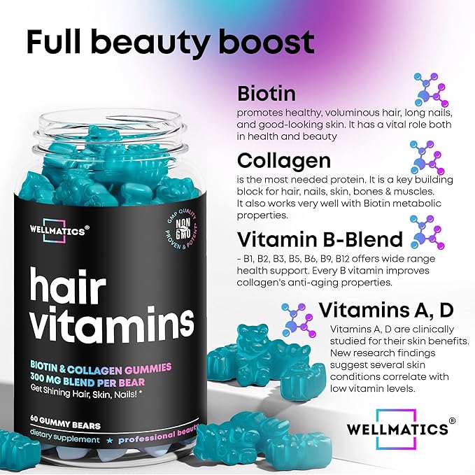 Biotin Gummies Hair Growth Vitamins with Collagen, Keratin, Vitamins B12 & D - Biotin 5000mcg Hair Vitamin Gummy - Hair Skin and Nails Gummies for Hair Growth & Hair Loss - For Women & Men - 60 Count