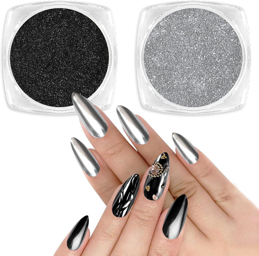 Allstarry Chrome Nail Powder 2pcs Black Silver Metallic Mirror Effect Dust Glitter Glazed Manicure Decoration Reflective Pigment for Gel Polish Nail Art Decoration- Milky Trajectory