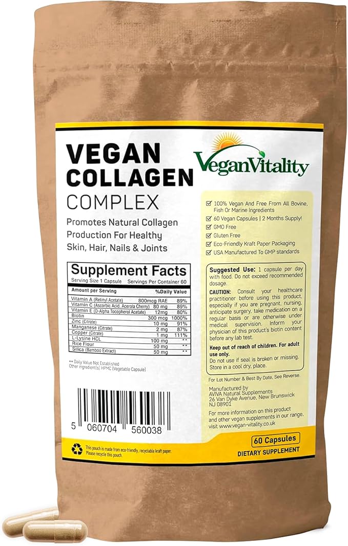Vegan Collagen Supplements with Biotin for Hair, Skin, Nails & Joints - 2 Months Supply. Cruelty Free Plant Based Collagen Vegan, Vegetarian Collagen Booster Pills for Women and Men