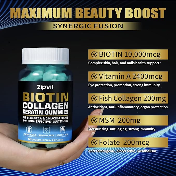 Biotin Collagen Gummies – Hair Skin and Nails Vitamins for Women & Men – Hair Growth Vitamins: B1, B2, B3, B6, B7, Collagen, Keratin, Vitamin A & D – Hair Growth Supplement – 120 Gummy Bears