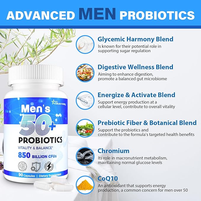 Probiotics for Men, Advanced 50+ Mens Probiotic, Comprehensive Gut & Energy Support with 850 Billion CFU, 1800mg Prebiotics Fiber – Tailored Wellness mens probiotics for gut health over 50, 630Capsule