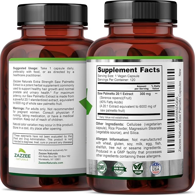 Zazzee Extra Strength Saw Palmetto 20:1 Extract, 6000 mg Strength, 40% Fatty Acids, 120 Vegan Capsules, 4 Month Supply, Concentrated and Standardized 20X Extract, Non-GMO, All-Natural, Made in the USA