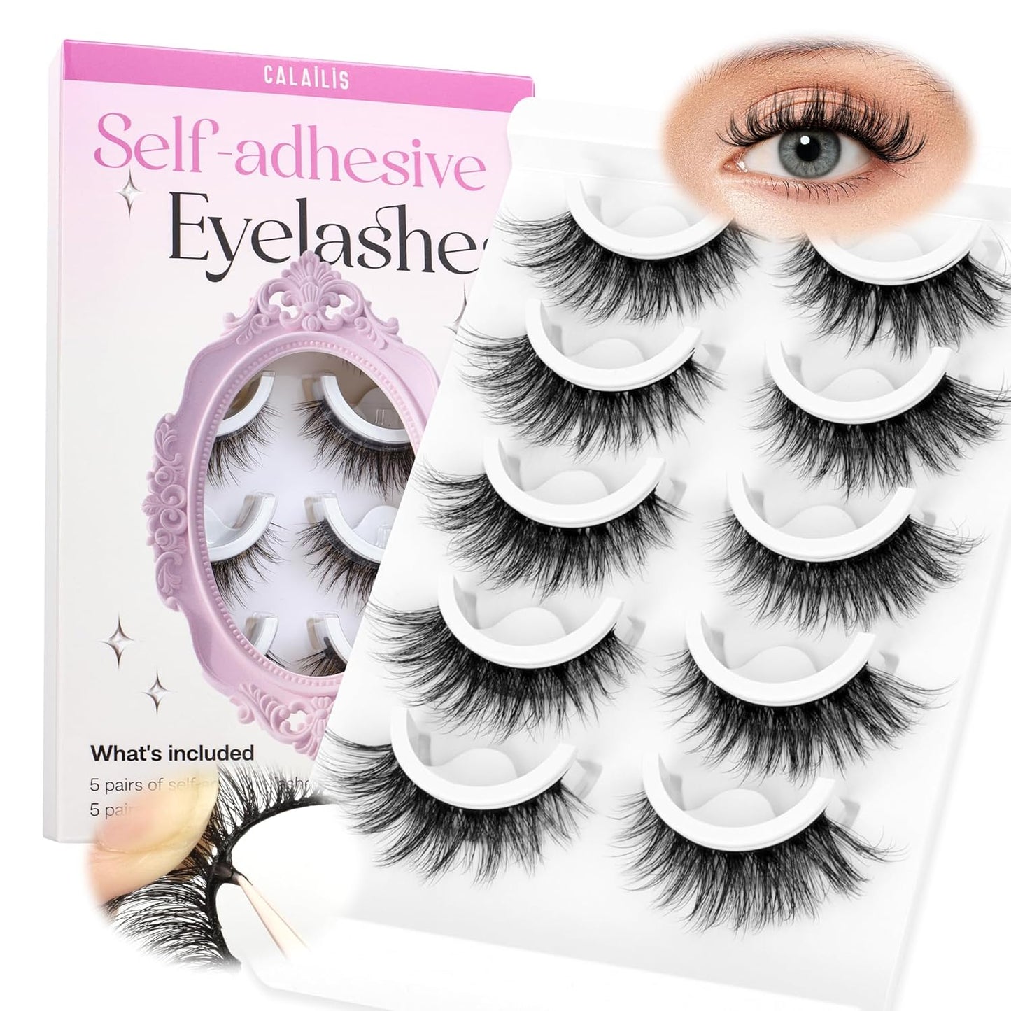 CALAILIS Self Adhesive Eyelashes 5 Pairs Natural Look Press On Lashes No Glue Need Eyelashes Reusable Cat Eye Wispy Self-adhesive False Lashes with Replacement Adhesive Strips (C131)