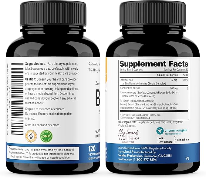 Sandhu's Zinc Supplement with Ionophores| Quercetin & Green Tea Extract for Superior Absorption and High Potency| 900mg Vegetarian Capsules 60 Days Supply| Immune Support for Men & Women| Made in USA