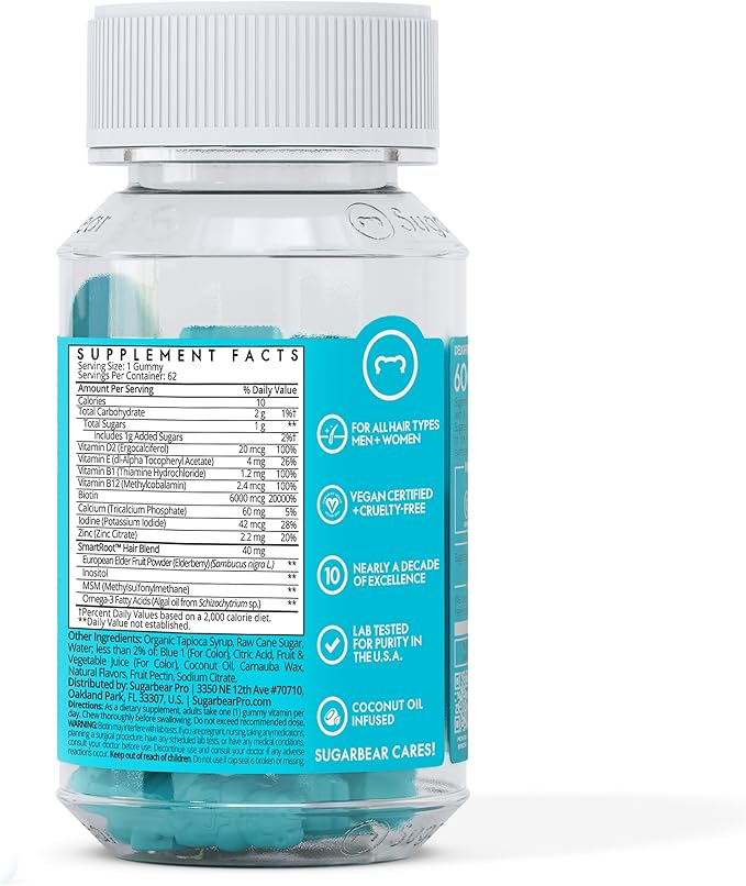 Sugarbear Hair Vitamin Gummy 2 Month Supply Extra Strength Biotin 6000mcg, Growth for Men & Women, Vegan Vitamin B12, MSM, Inositol, Omega 3, Elderberry, Certified Kosher, Halal, Cruelty-Free