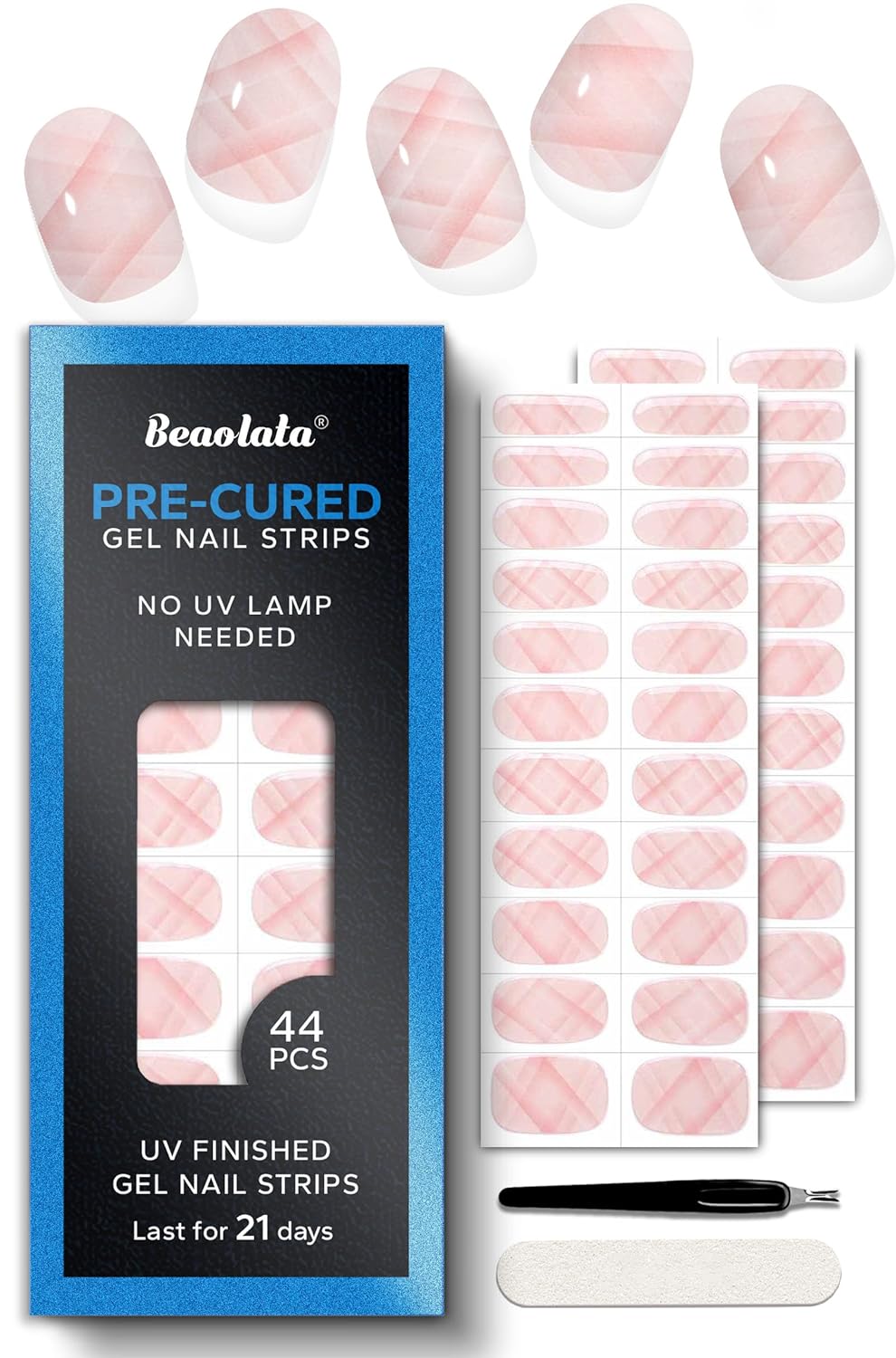 Pre Cured Gel Nail Strips - 44PCS Salon Quality Gel Nail Stickers - Long Lasting Polish Wraps for Women no UV Light Needed Easy Apply& Remove (Vintage Pink）