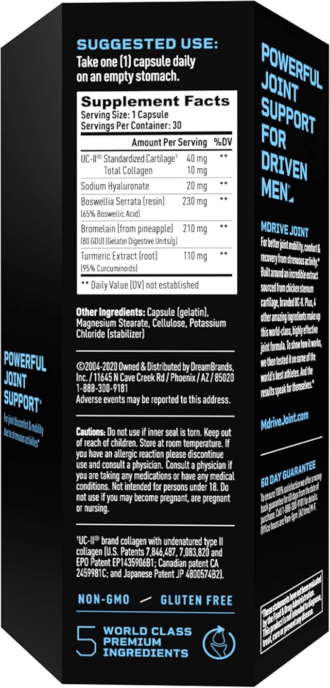 Mdrive Joint Support Supplement for Men - Supports Healthy Joint Function, Flexibility, Comfort & Mobility - Features UC-II Collagen, Turmeric Curcumin & Sodium Hyaluronate from Hyaluronic Acid, 30ct