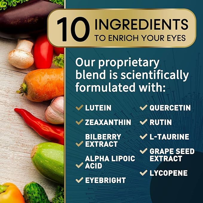 Eye Vitamins & Mineral Supplement, Contains Lutein, Zeaxanthin, Bilberry & Zinc, Supports Eye Strain, Vision Macular Health & Dry Eyes for Adults with Vitamin C & E, Lycopene - 60 Capsules