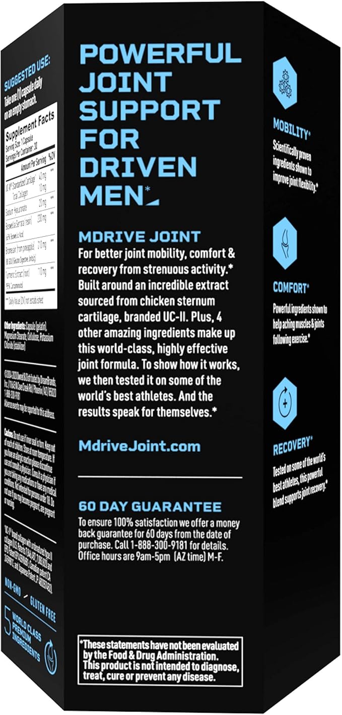 Mdrive Joint Support Supplement for Men - Supports Healthy Joint Function, Flexibility, Comfort & Mobility - Features UC-II Collagen, Turmeric Curcumin & Sodium Hyaluronate from Hyaluronic Acid, 30ct