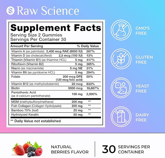 Biotin Collagen Gummies – Hair Skin and Nails Vitamins for Women & Men – Hair Growth Vitamins: B1, B2, B3, B5, B7, B9, B12, Collagen, Keratin, Vitamin A & D – Hair Growth Supplement – 60 Gummy Bears