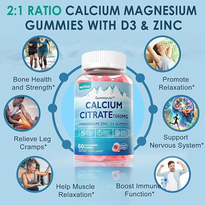 Calcium Citrate 1000mg Filled Gummies + Vitamin D3, Magnesium, Potassium, Zinc & B6 - Bones Strength, Muscle & Immune Support - Sugar Free Calcium Supplement for Women Men, Vegan Calcium Chews, 60Cts