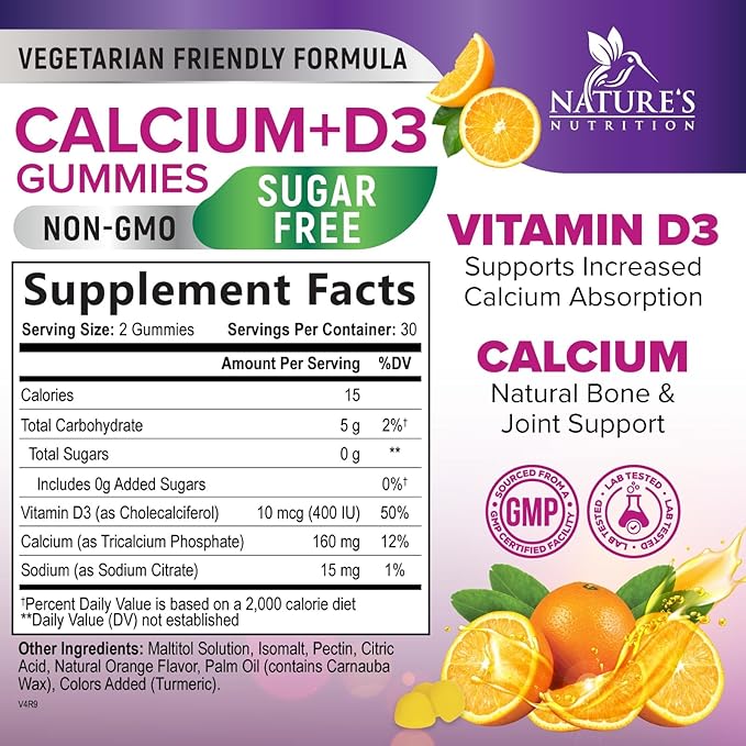 Sugar Free Calcium Gummy Bites Plus 400 IU Vitamin D3, Bone Health & Immune Support, Supports Bone Strength - Chewable Calcium Nutrition Supplement, Non-GMO, Orange Flavor Chews - 60 Gummies