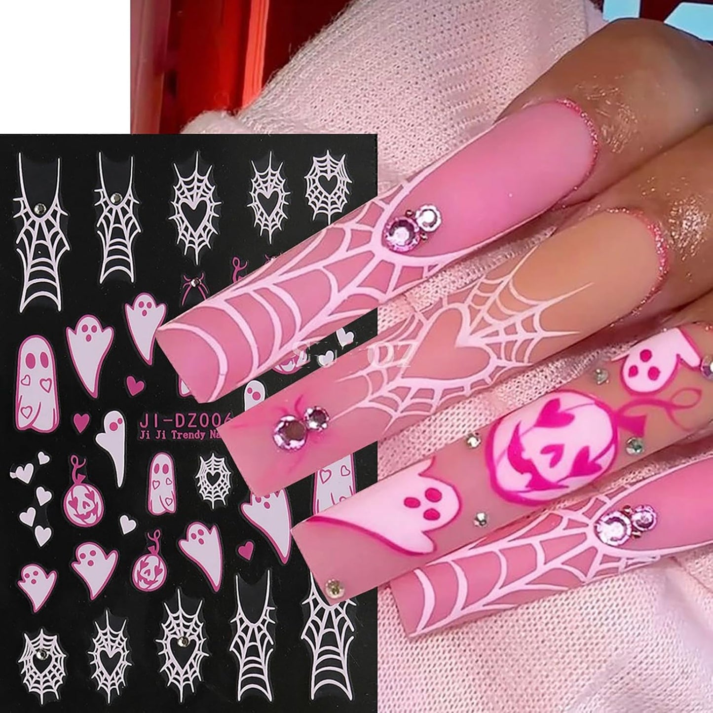 Halloween Nail Art Stickers 6 Sheets Cute Little Ghost Skull Blood Pumpkin 3D Nail Art Self-Adhesive Stickers Nail Spider Web Bat Decoration Pink Ghost Nail Supplies for DIY Nail Decal Art