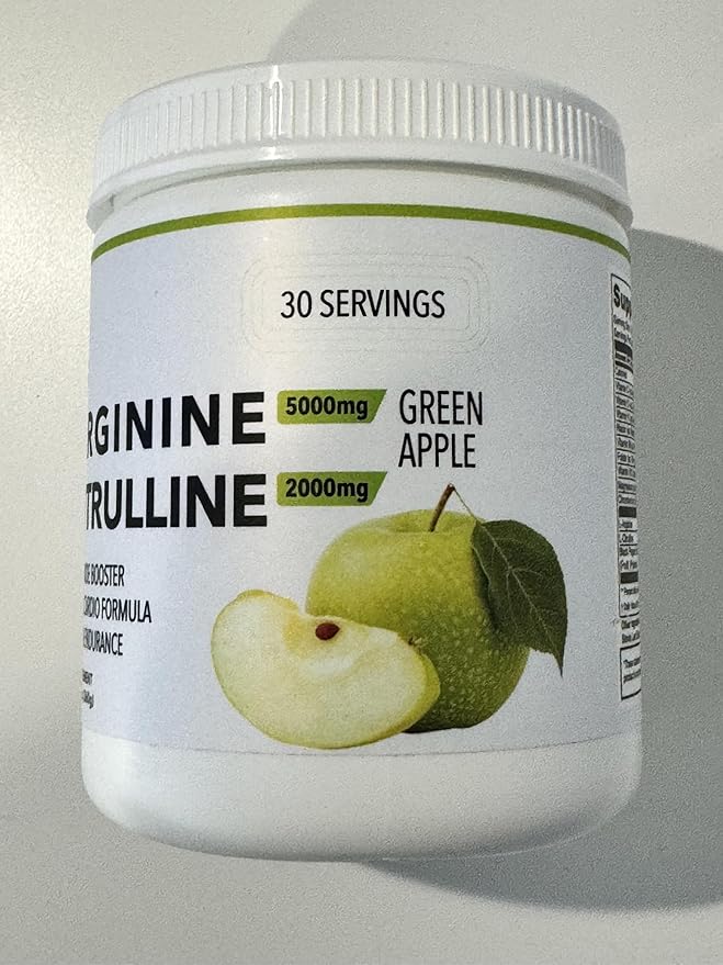 L-Arginine 5000mg + L-Citrulline 2000mg Complex Powder Supplement Drink Mix - Nitric Oxide Booster for Heart Health, Blood Flow & Energy - 30 Servings (Green Apple)