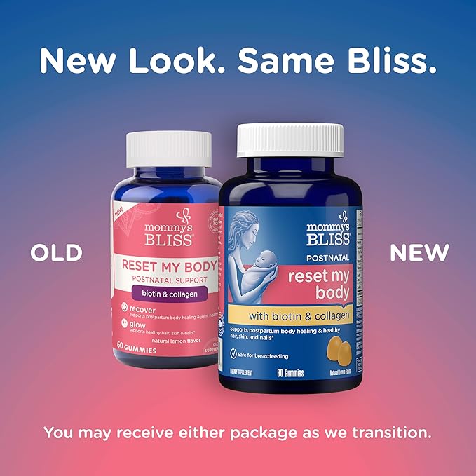Mommy's Bliss Postnatal Support Reset My Body Gummies with Biotin & Collagen, Supports Postpartum Energy, Healing & Joint Health + Hair, Skin & Nails Health, Gluten Free, 60 Gummies (30 Servings)