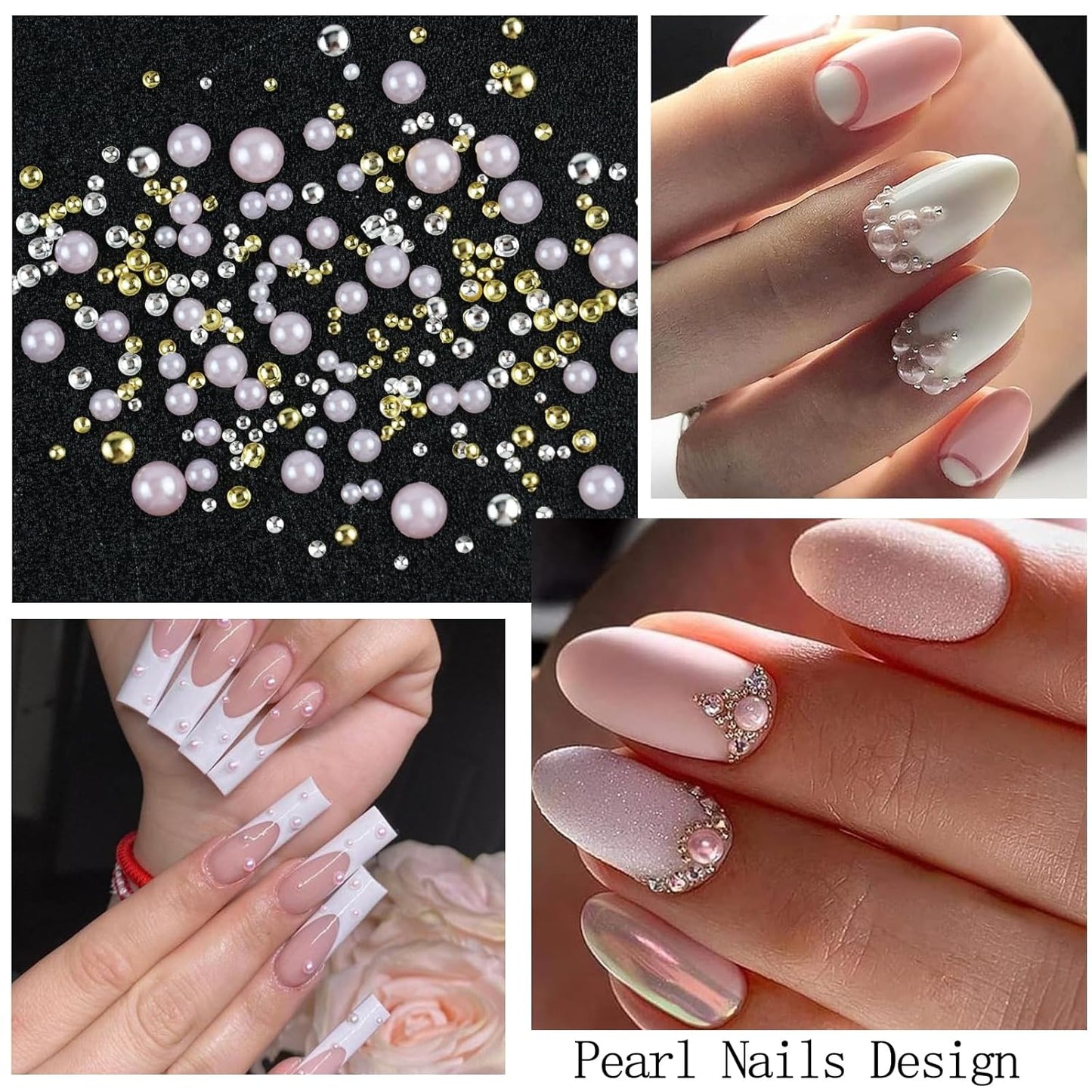 Nail Art Charms with Rhinestones Glue Gel Pink Flatback Pearls Flower Bow Nail Gems Supplies Accessories Gold Silver Nails Decoration Pearls for Women Nails Design