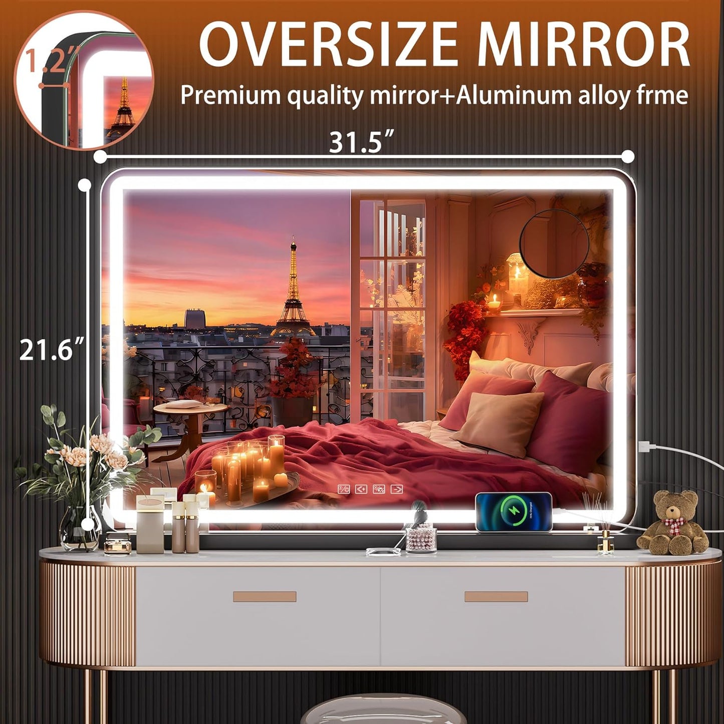 Hasipu Vanity Mirror with Lights and Bluetooth Speaker, 32" x 21.7" LED Makeup Mirror, Lighted Makeup Mirror with Dimmable 3 Modes, USB Charging Port, Round Black