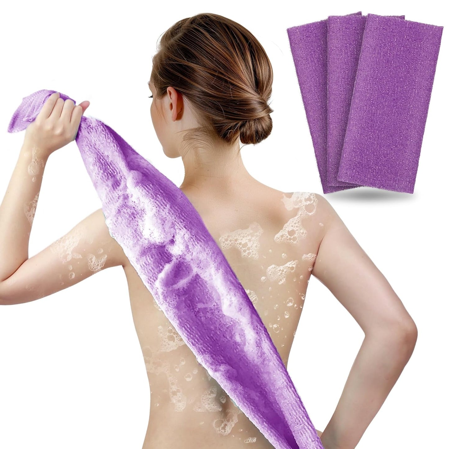 Exfoliating Towel for Body, Back, & Legs (3-Pack) | ARCH&M Korean Bath Scrub & Japanese Washcloth for Ingrown Hairs & Smooth Skin (Purple x 3)