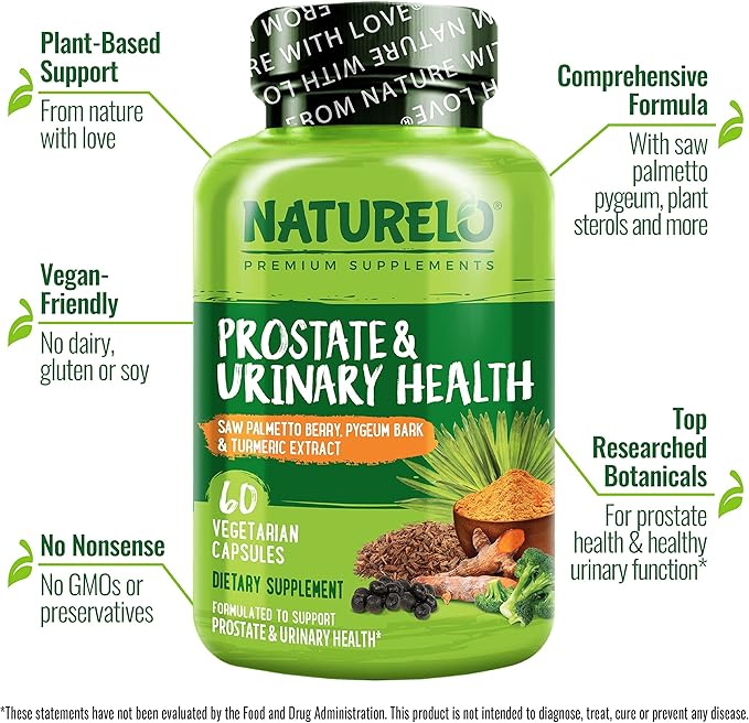 NATURELO Prostate & Urinary Health, Comprehensive Formula with Saw Palmetto, Pygeum, Tumeric, Plant Sterols, Broccoli and Lycopene, 120 Vegetarian Capsules