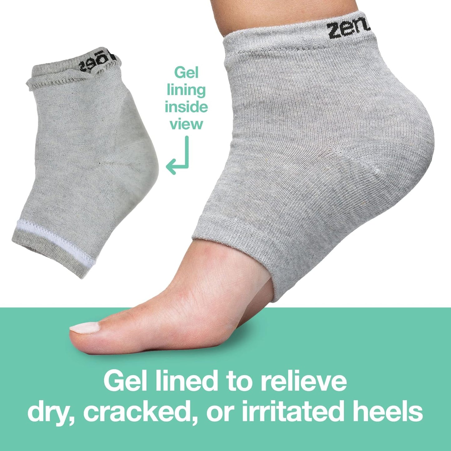 ZenToes Moisturizing Heel Socks 2 Pairs Gel Lined Toeless Spa Socks to Heal and Treat Dry, Cracked Heels While You Sleep (Regular, Gray)
