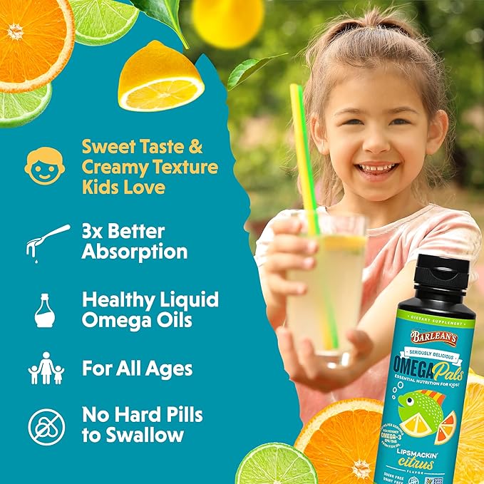 Barlean's Omega Pals Lipsmackin' Citrus Flavored Omega-3 for Kids, Yummy Children's Liquid Fish Oil Supplement with 750 mg of EPA & DHA for Brain & Eye Health, 8 oz