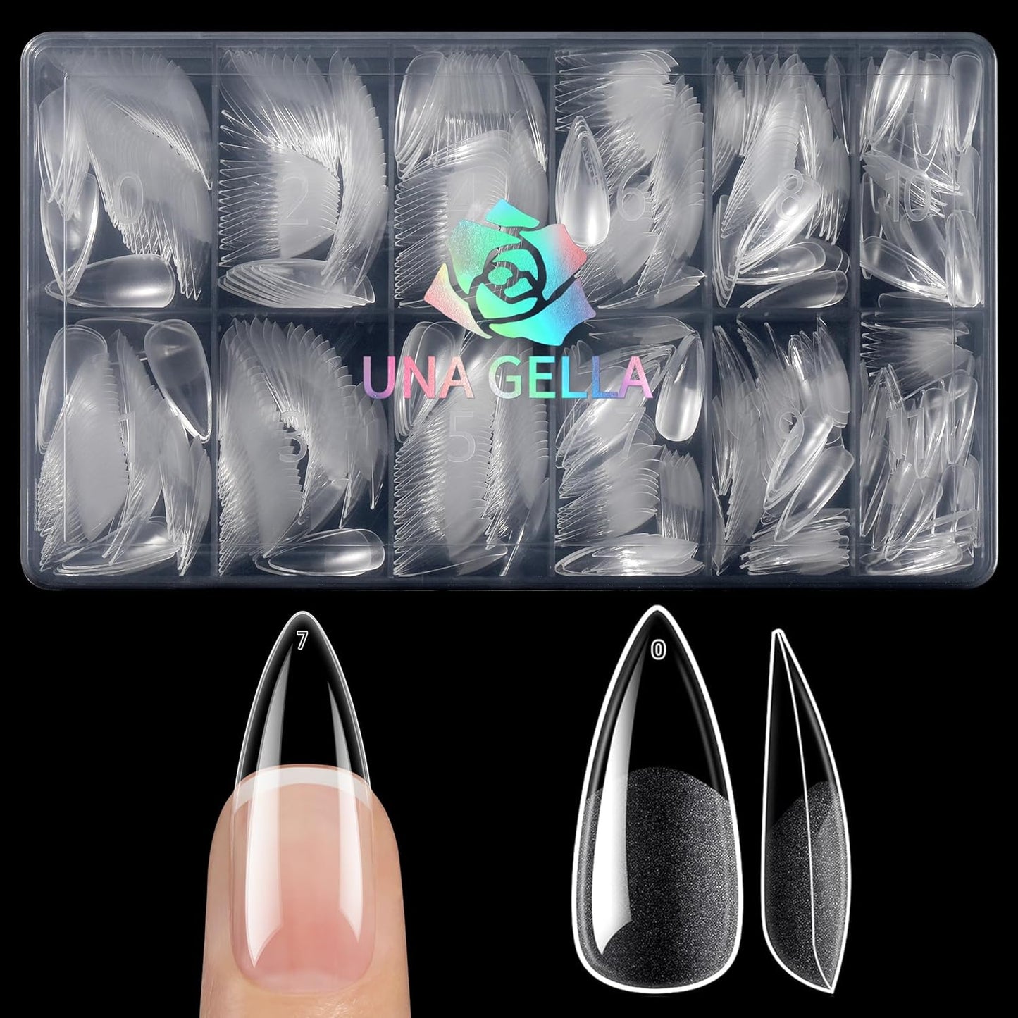 UNA GELLA Halloween Stiletto Press on Nails, 600 Pcs Medium Stiletto Nail Tips Almond Shape Pre Etched Full Cover Soft Gel Nails Tips for Nail Extensions Art DIY Salon 12 Sizes at Home