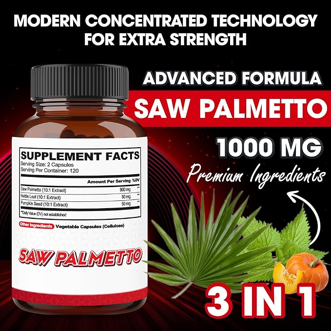 agobi 1000mg Saw Palmetto Supplement with Nettle Leaf & Pumpkin - High Extract Support for Restful Mood, Hair Health, Immune System & Energy Production - 240 Veggie Capsules for 4-Month Suppply