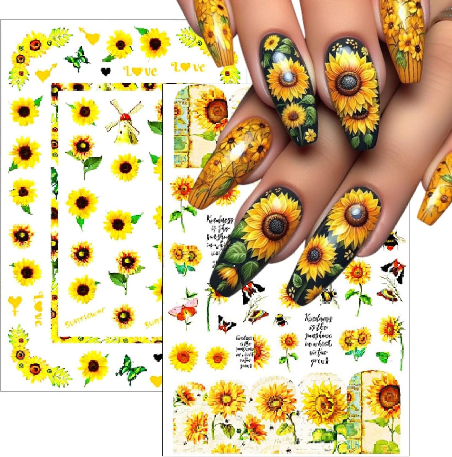 8 Sheets Sunflower Nail Art Stickers 3D Self-Adhesive Cute Yellow Bee Butterfly Spring Summer Sunshine Floral Design Small Daisy Flowers Nails Decals for Women Girls Summer Manicure Decoration