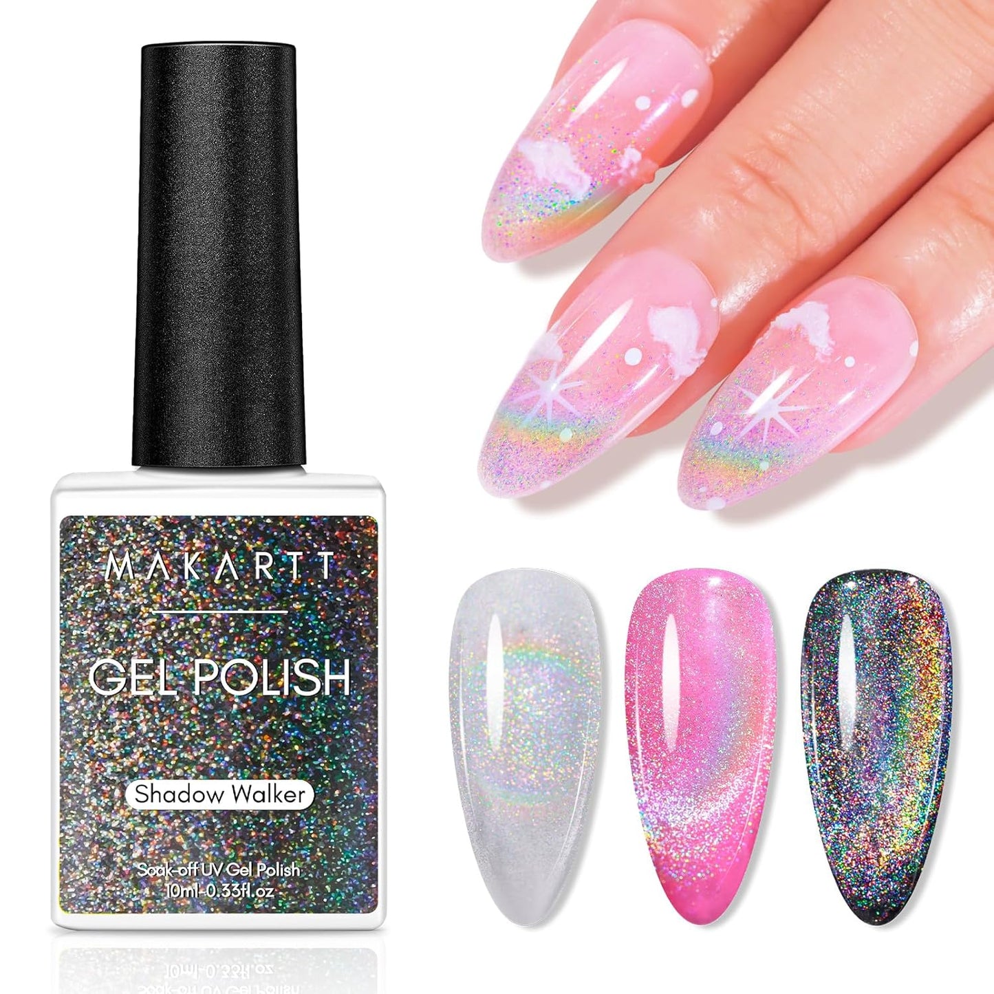 Makartt Rainbow Cat Eye Gel Nail Polish: Glitter Universal 9D Holographic Sparkly Soak Off Gel UV/LED Manicure with Magnet Stick for Nail Art Designs 10ml