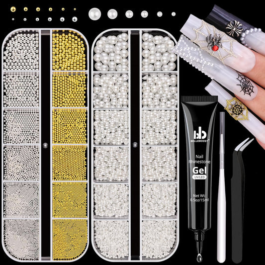 2 Boxes Flatback Pearls (White) and Metal Nail Beads (Silver+Gold) with Rhinestones Glue Gel for Nail Art, Pearl Nail Charms and Small Round Caviar Beads Nail Accessories for Manicure Decor