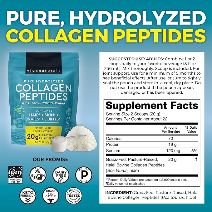 Viva Naturals Bovine Collagen Peptides Powder, 1 lb – Hydrolyzed Collagen for Women – Supporting Healthy Joints, Hair Skin and Nails – Unflavored Collagen Powder