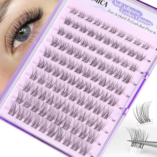 Yawamica Natural Self Adhesive Lash Clusters 10-16mm Reusable Press On Lashes No Glue Needed Eyelash Clusters Invisible Clear Band Pre Glued Cluster Lashes for Effortless Salon Eyelash Extension Look