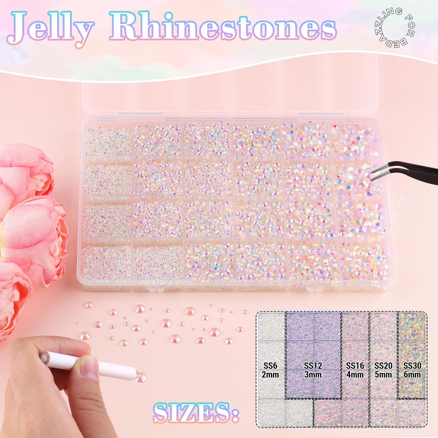 25000Pcs Resin Rhinestones with B7000 Jewelry Glue for Crafting, Transparent AB 2-6mm Non Hotfix Flatback Gems, Bedazzling Crystal for DIY Crafts Clothing Tumblers Mugs Shoes Fabric Decor Nail Art