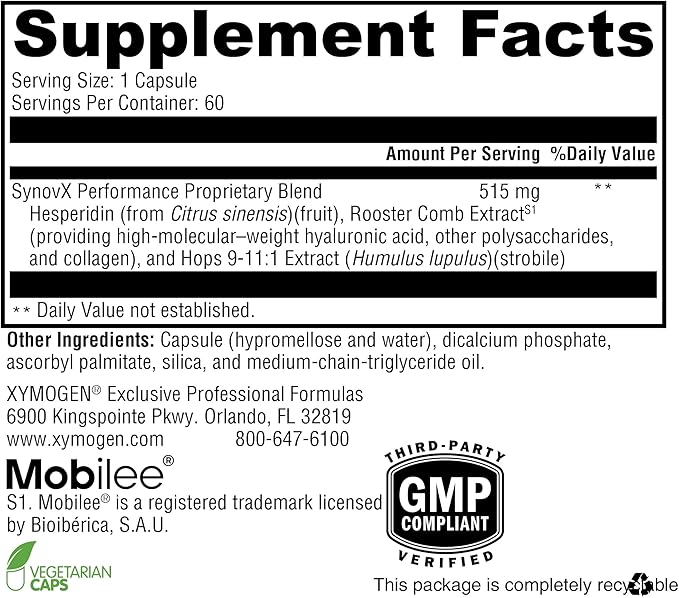 XYMOGEN SynovX Performance - Stay Active with Joint Mobility & Cytokine Balance Support - Joint Supplements for Women, Men and Athletes with High Molecular Weight Hyaluronic Acid (60 Capsules)