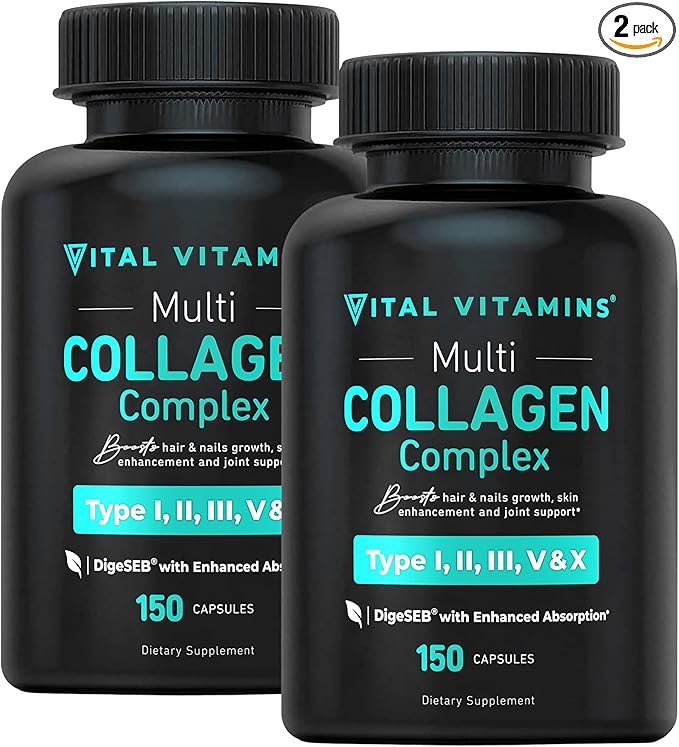 Vital Vitamins Collagen for Women & Men (2 Pack) - Type I, II, III, V, X Multi Collagen Pills - Grass Fed, Non-GMO - 300 Capsules