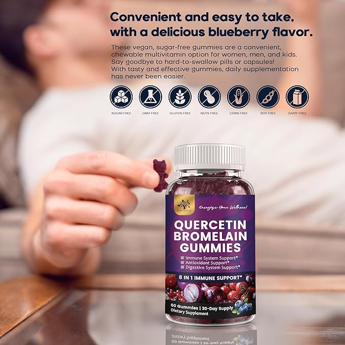 (2 Pack) Quercetin Gummies with Bromelain Zinc Elderberry Vitamin C D3 K2, Quercetin 1000mg Supplement with Bromelain 500mg for Cardiovascular, Immune System & Allergy, Vegan Gummy for Adult & Kid