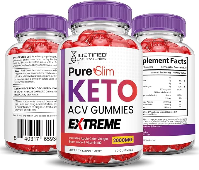 (2 Pack) Pure Slim Keto ACV Gummies Extreme 2000MG PureSlim Keto Gummies Advanced Formula Apple Cider Vinegar with Pomegranate Beet Juice Powder B12 Vegan Non GMO 120 Gummys