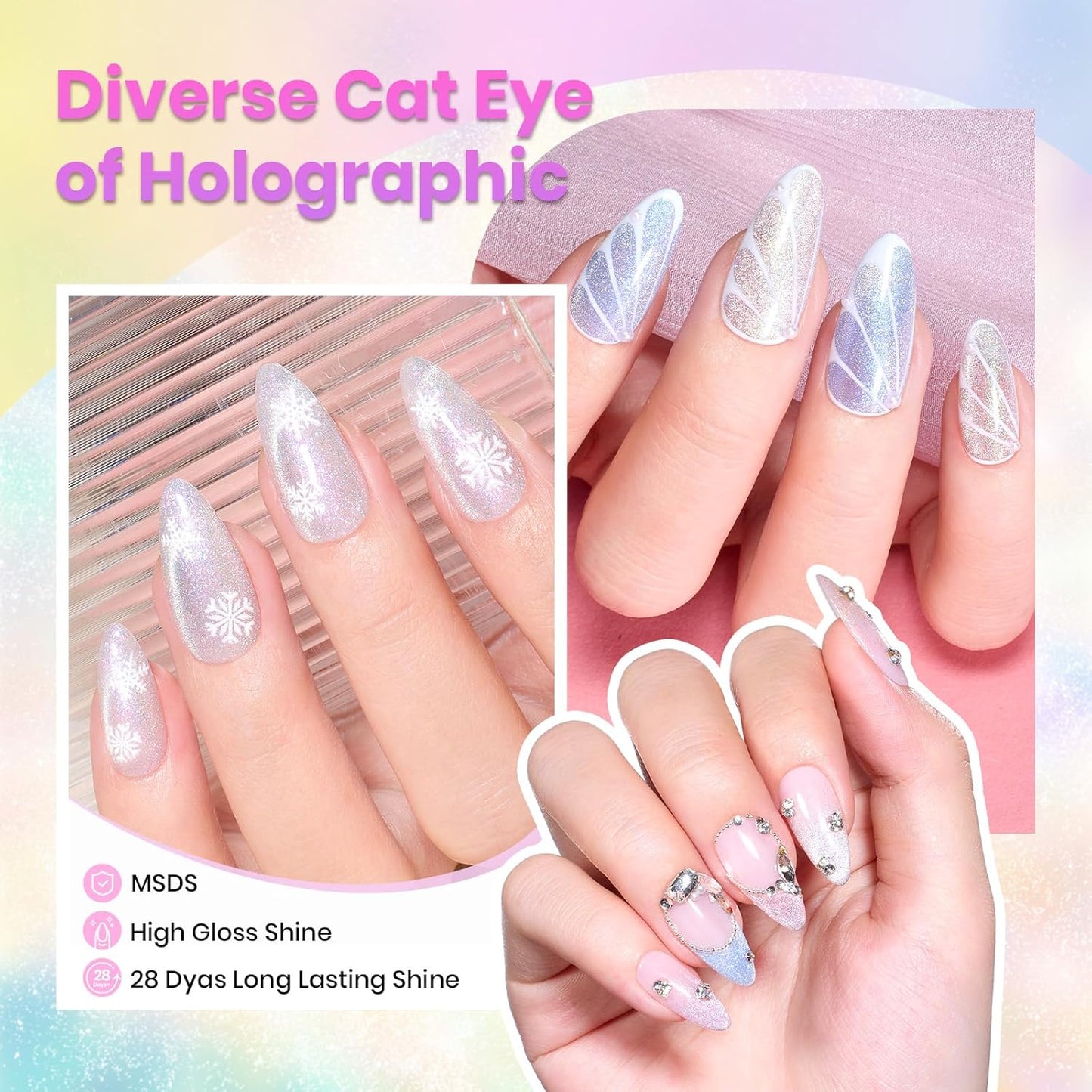 Beetles Cat Eye Gel Nail Polish Set - 6 Colors Summer Chameleon Cat Eye Green Silver Pink Blue Purple Green with Magnet Soak Off UV Fairy's Descent Collection Salon Nail Art Manicure Gift for Women