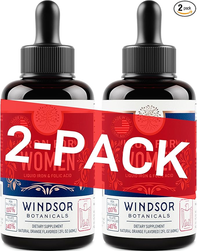 Liquid Iron Supplement for Women 2-Pack - Folic Acid, Vitamin C, Vegan Liquid Iron Supplements for Anemia, Menstruation, Pregnancy Support - Iron Liquid Drops Orange Flavor - 2x2oz