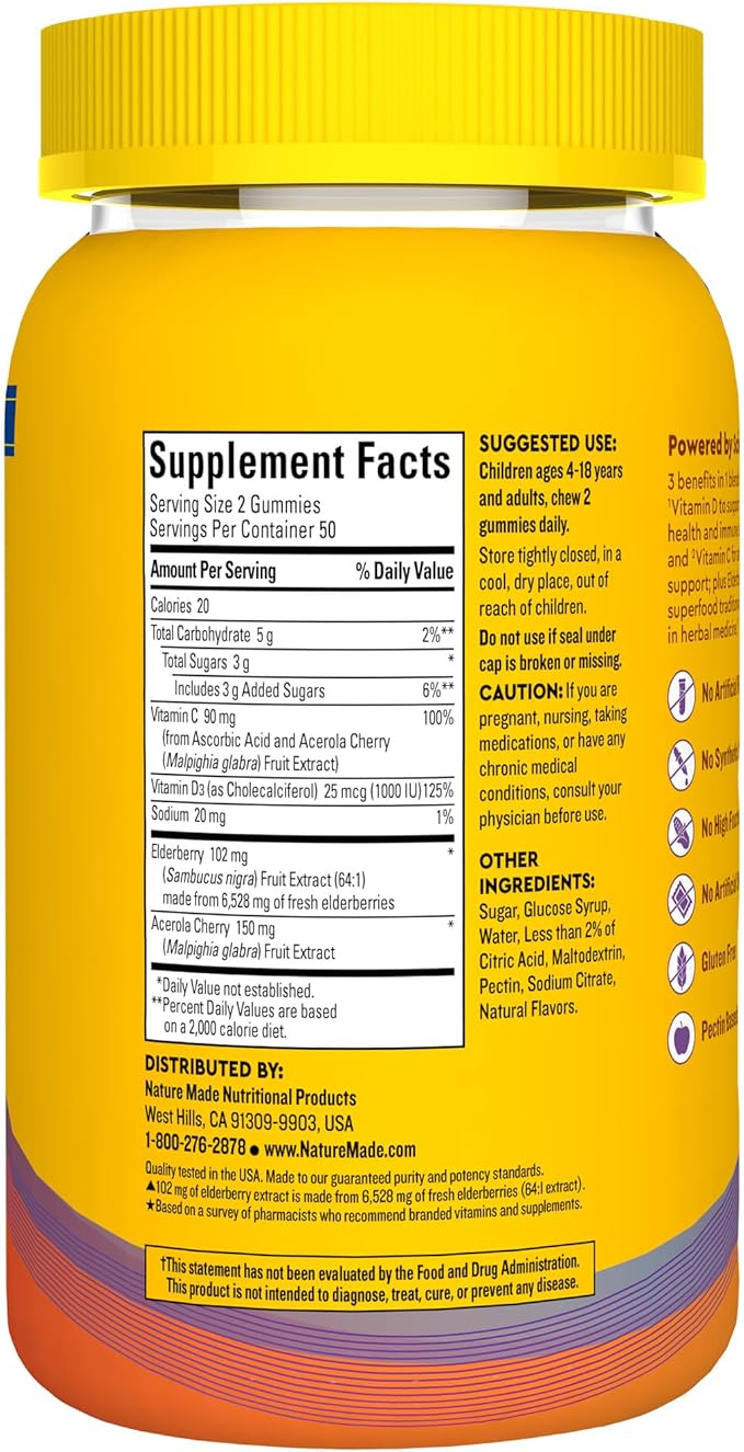 Nature Made Wellblends Immune & Superfood, Elderberry Gummies with Acerola Cherry Extract, Plus Vitamin C + Vitamin D, Immune Support Supplement, 100 Gummy Vitamins