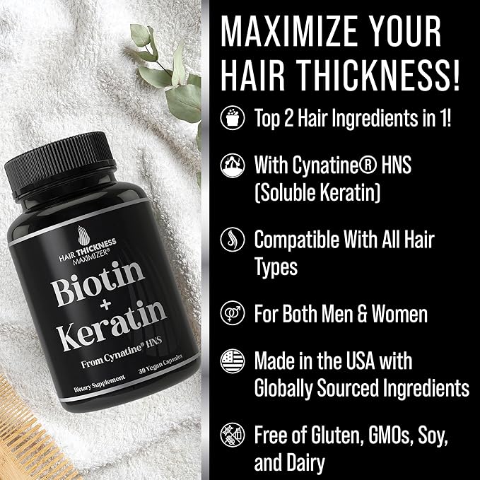 Biotin + Soluble Keratin - 10000mcg Biotin with Clinically Tested Cynatine Keratin - Biotin and Soluble Keratin Vitamins for Men and Women's Hair Growth - Vegan Keratin Supplement for Hair Growth