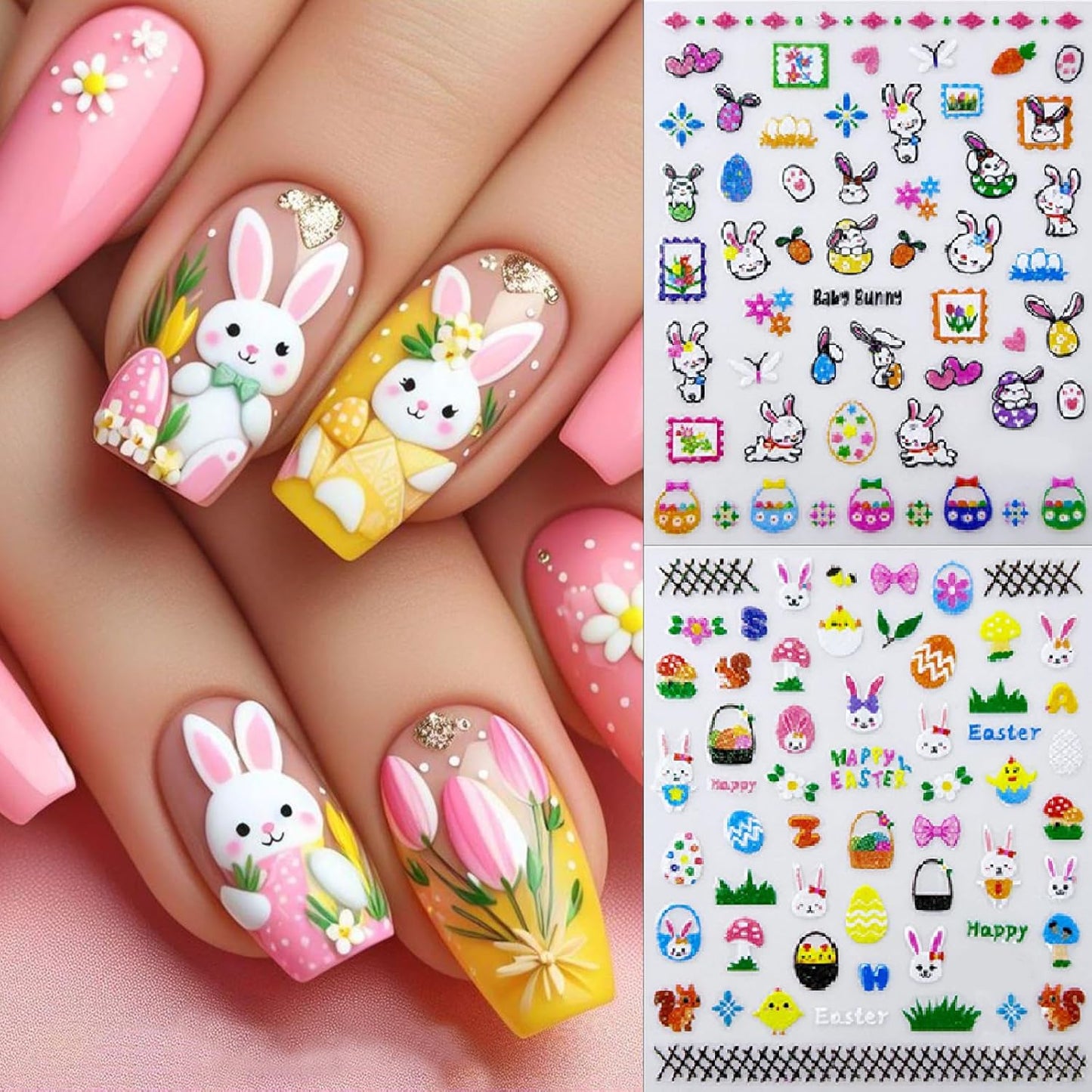 6 Sheets Glitter Easter Nail Art Stickers Easter Egg Rabbit Nail Decals 3D Self Adhesive Cute Chicken Eggs Nail Art Supplies Cartoon Bunny Carrot Nail Supplies Stickers for Women DIY Nail Decorations