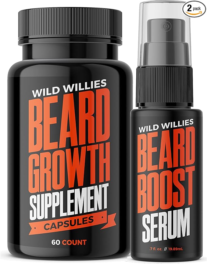 Wild Willies Beard Boost Serum and Growth Supplement Kit for Thicker and Fuller Beard for Beard Enthusiasts, Unscented, 31 Day Supply of Vitamins, Made in USA, 1 fl oz